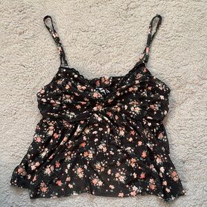 Black and Pink Ruched Tie Front Camisole